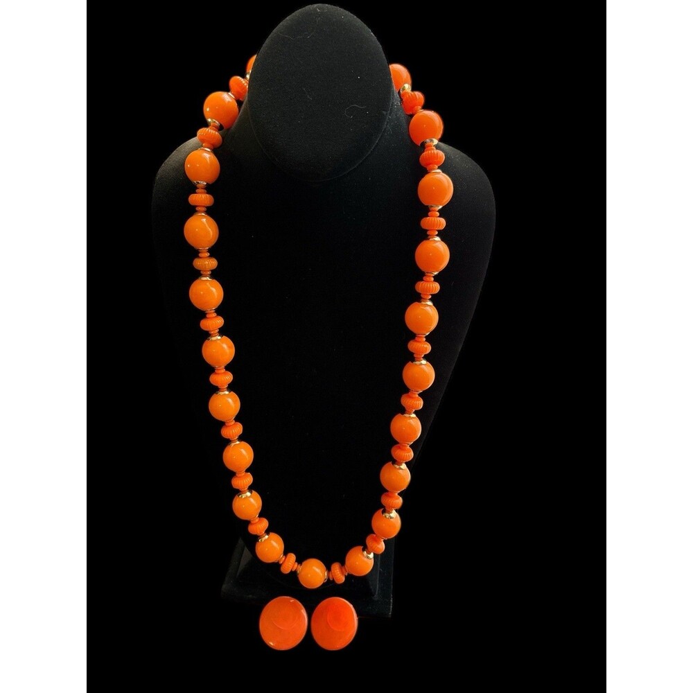 Vintage Style Orange Beaded Necklace and Clip On Earrings Statement Jewelry Set
